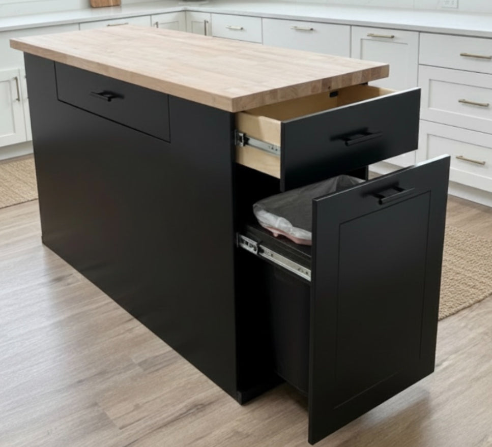 Handmade Kitchen Island with Pull-Out Trash Cabinet &amp; Drawers - Butcher Block Top