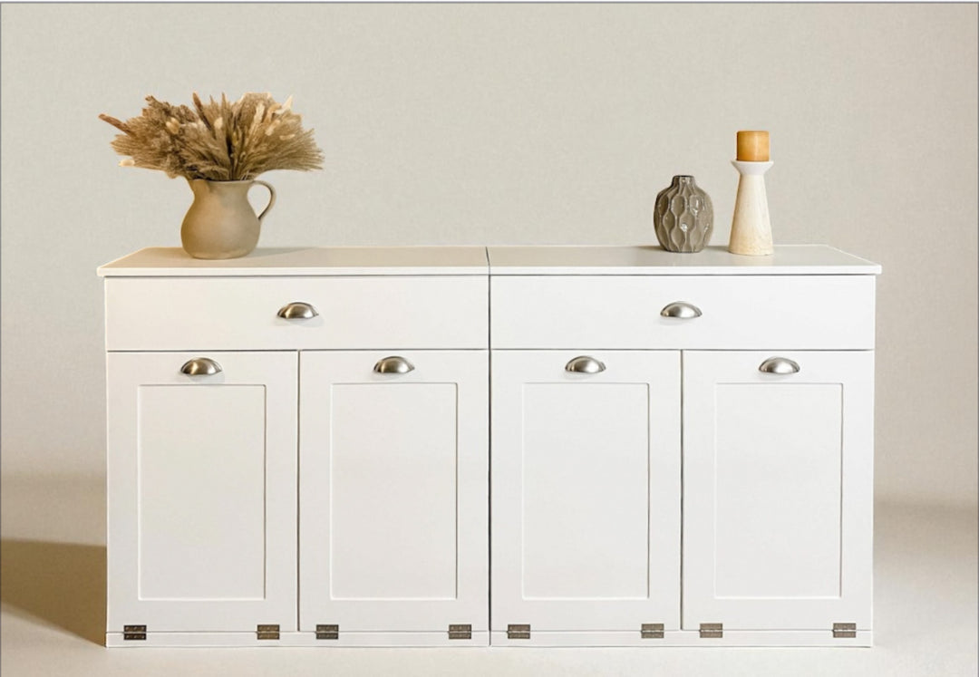 4 bin quad tilt out trash cabinet with a storage drawer in white