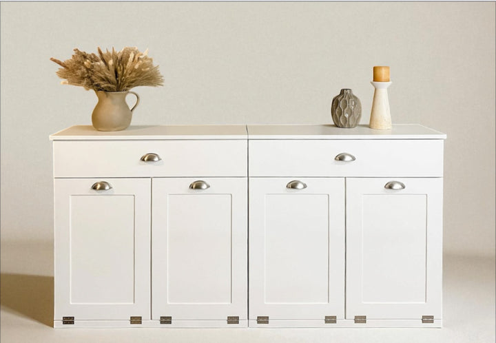 4 bin quad tilt out trash cabinet with a storage drawer in white
