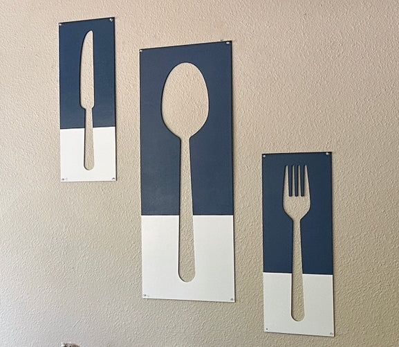 Fork, spoon, and knife set handmade of wood wall decor in blue and white