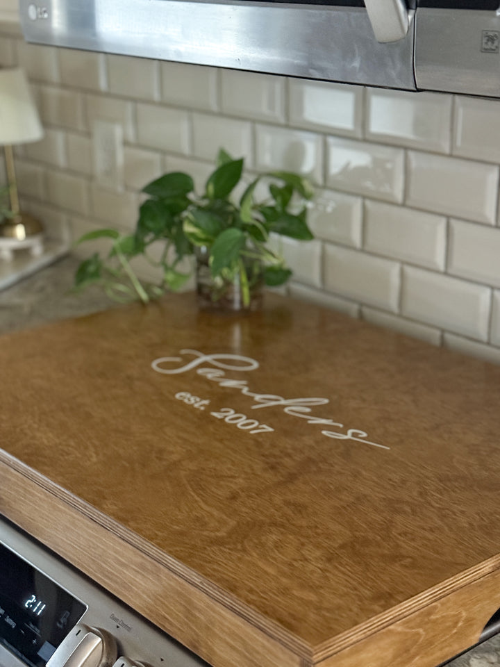 Personalized "Valencia" stove cover, golden oak + soft white