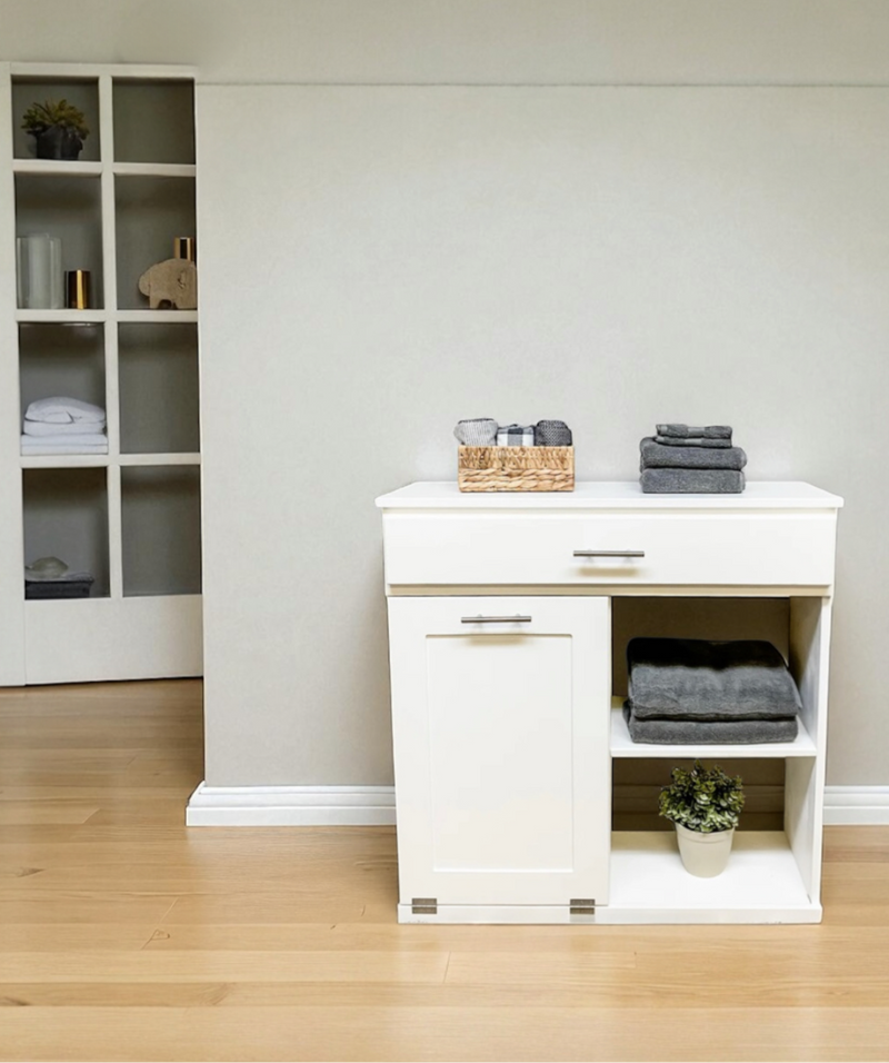 Dashwood laundry with open shelving and drawer in white, farmhouse style doors