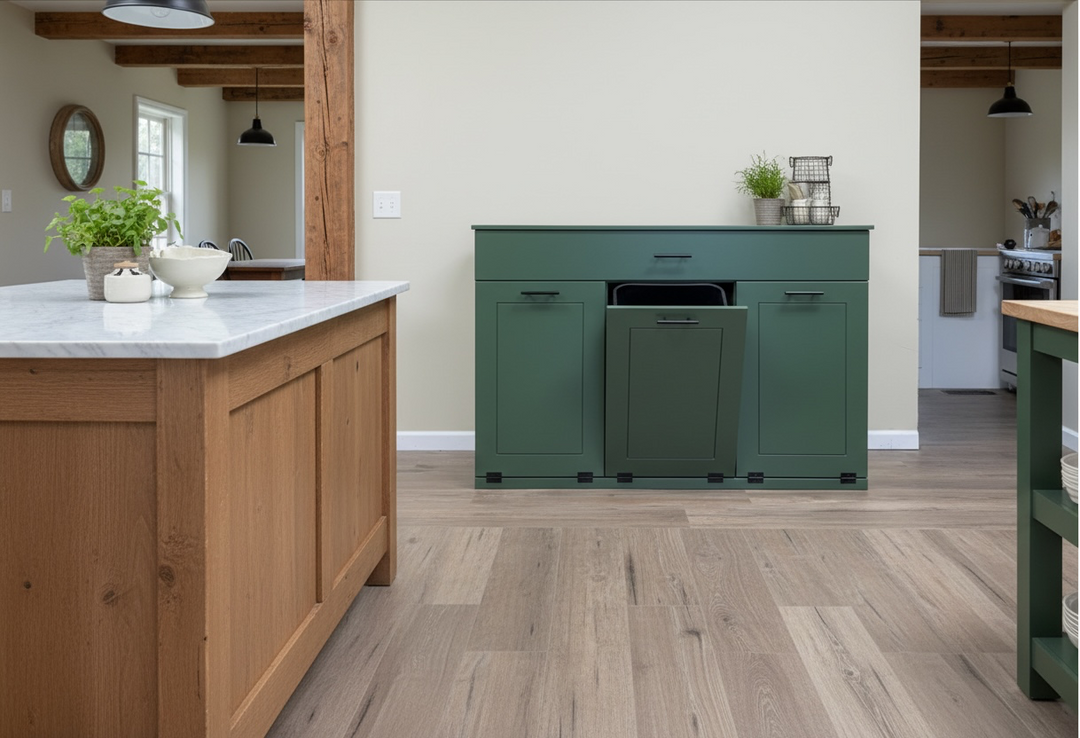 Free standing triple trash and recycling cabinet with a storage drawer in green