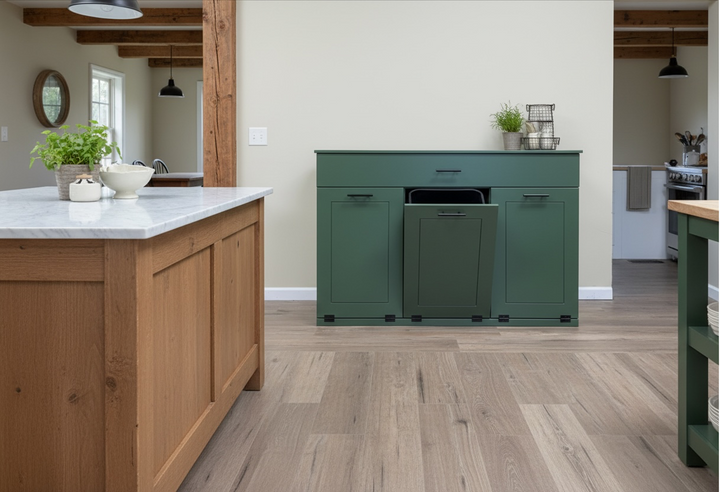 Free standing triple trash and recycling cabinet with a storage drawer in green