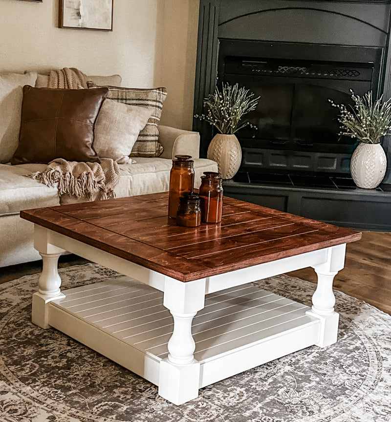 Rustic baluster square farmhouse coffee table in red oak