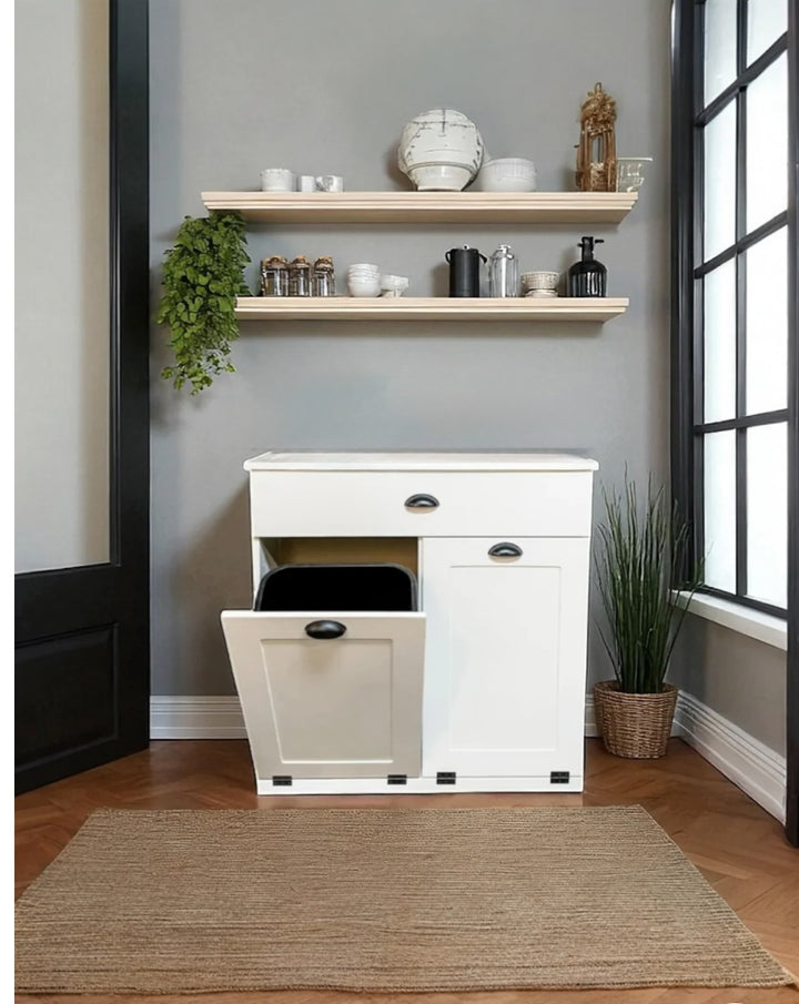 Handcrafted double hidden trash cabinet + storage drawer in white