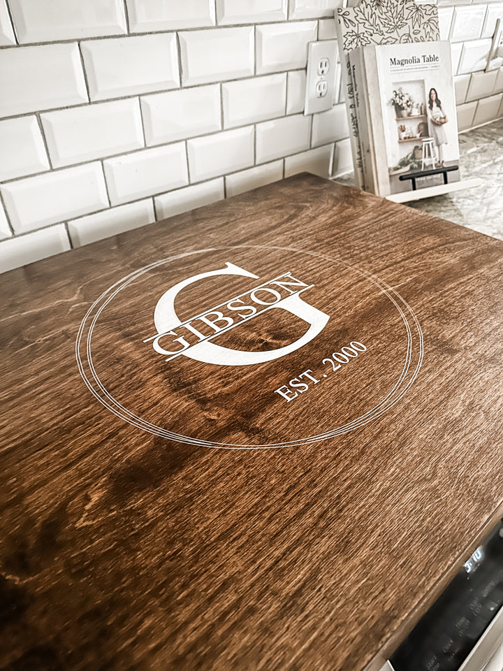 Personalized monogram stove cover, warm brown stain + soft white "Gibson"