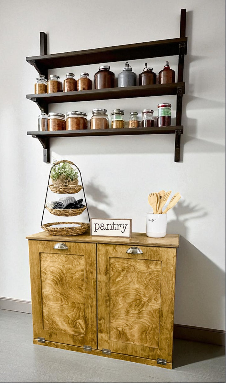 Furniture style double trash cabinet in golden oak