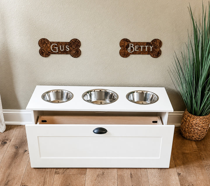 3 bowl elevated pet feeder with storage drawer