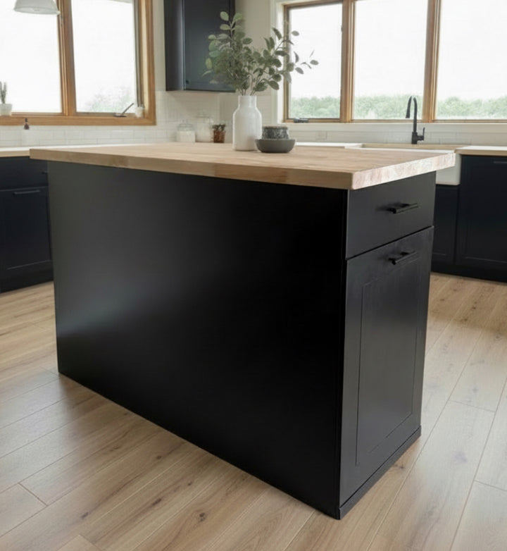 Handmade Kitchen Island with Pull-Out Trash Cabinet &amp; Drawers - Butcher Block Top