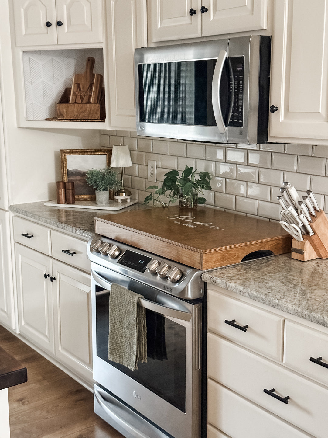Personalized "Valencia" stove cover, golden oak + soft white