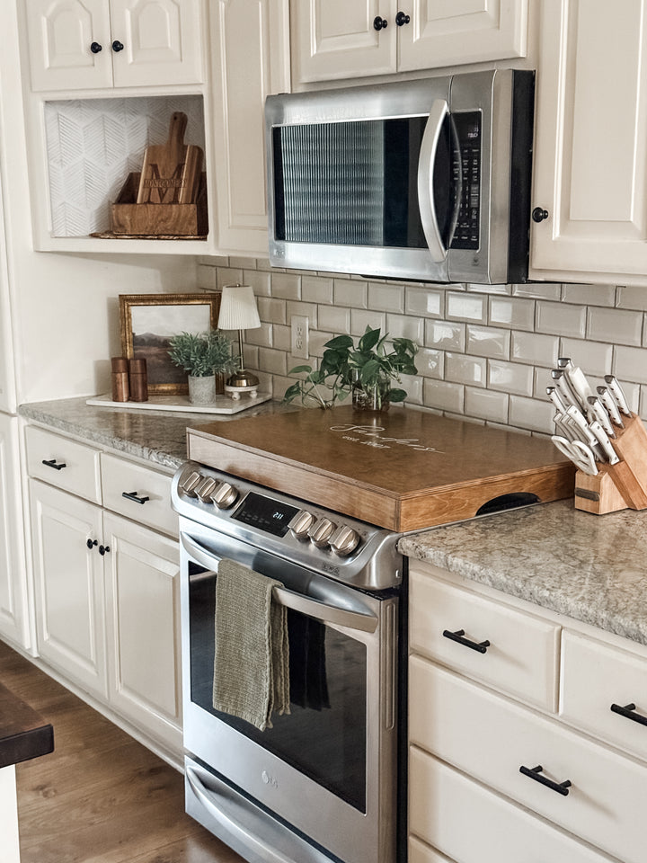 Personalized "Valencia" stove cover, golden oak + soft white