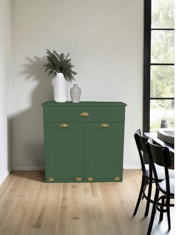 Hidden trash and recycling cabinet with a storage drawer in green
