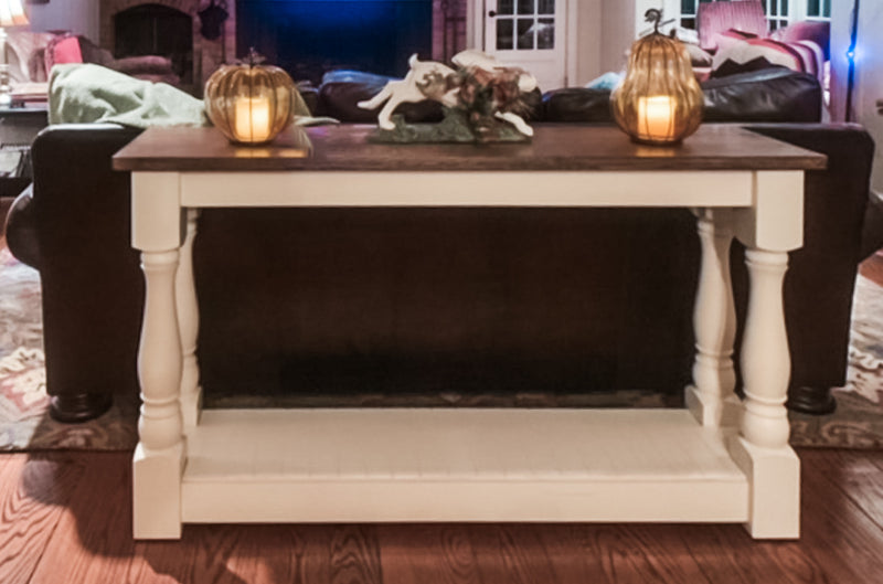 READY TO SHIP: Entry table with baluster legs in white with warm brown top