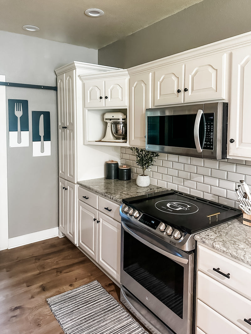 Personalized monogram stove cover, black + soft white "Gibson"