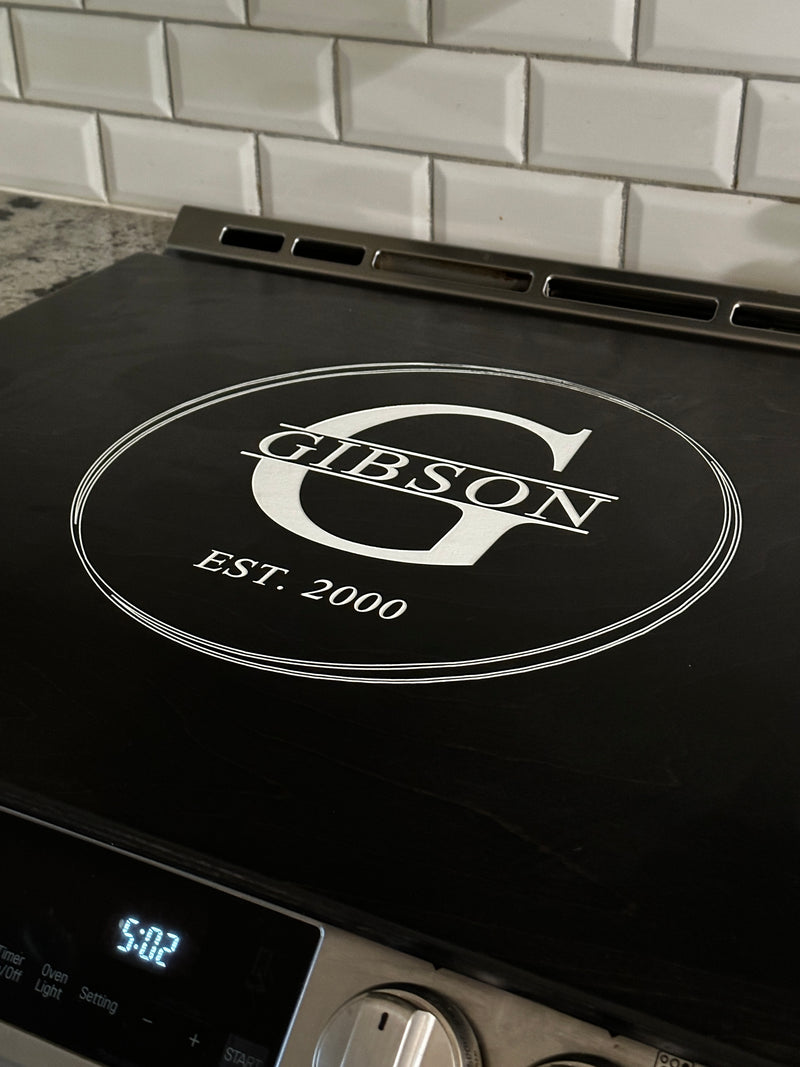 Personalized monogram stove cover, black + soft white "Gibson"