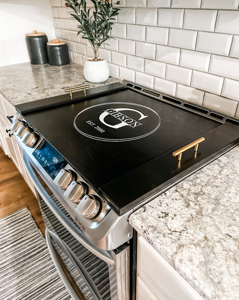 Personalized monogram stove cover, black + soft white "Gibson"