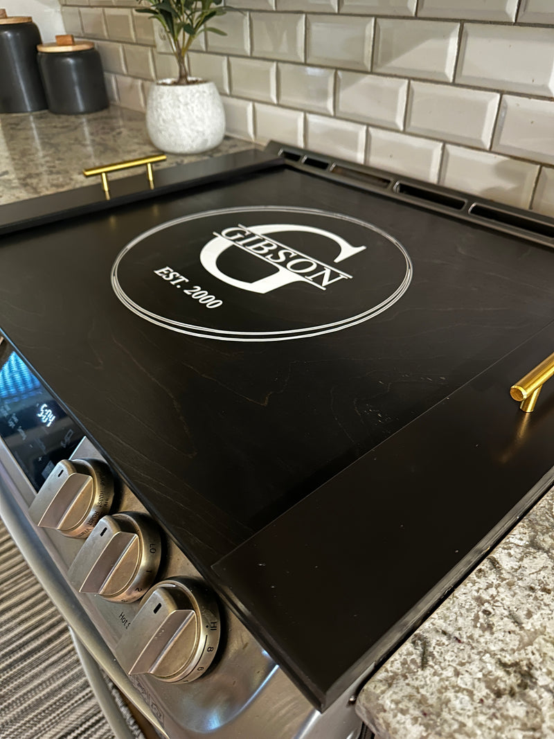 Personalized monogram stove cover, black + soft white "Gibson"