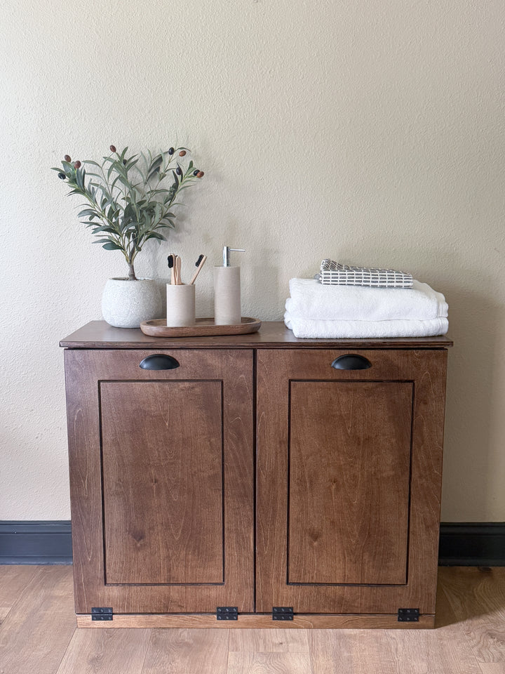 Double tilt out wood laundry hamper in warm brown stain