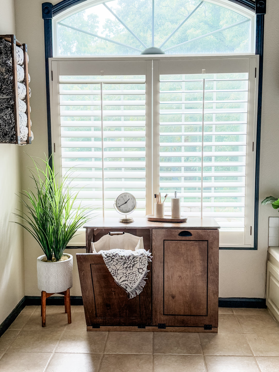 Double tilt out wood laundry hamper in warm brown stain