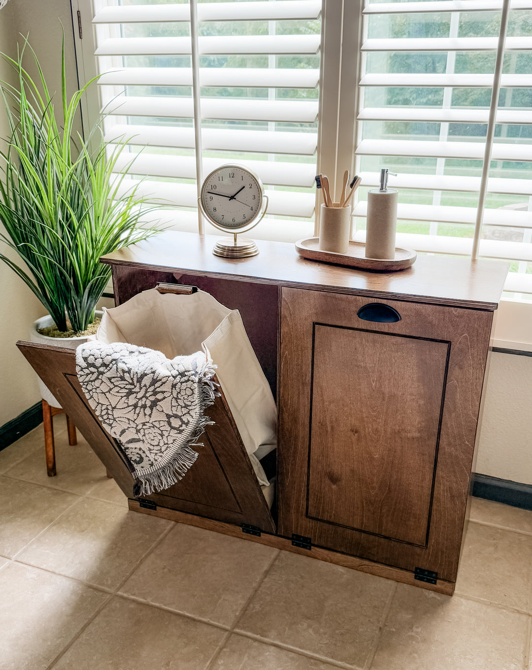 Double tilt out wood laundry hamper in warm brown stain