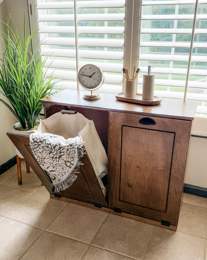 Double tilt out wood laundry hamper in warm brown stain