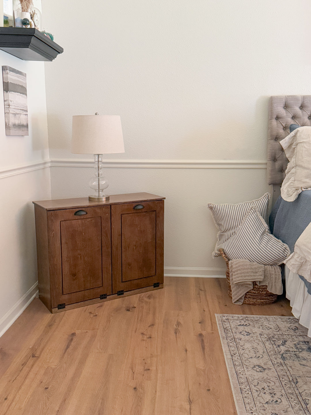 Double tilt out wood laundry hamper in warm brown stain