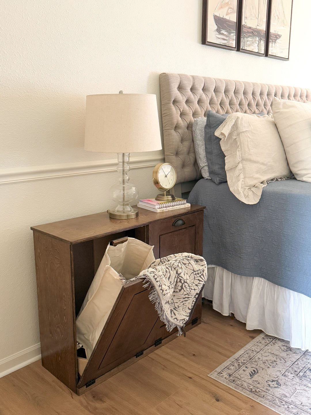 Double tilt out wood laundry hamper in warm brown stain