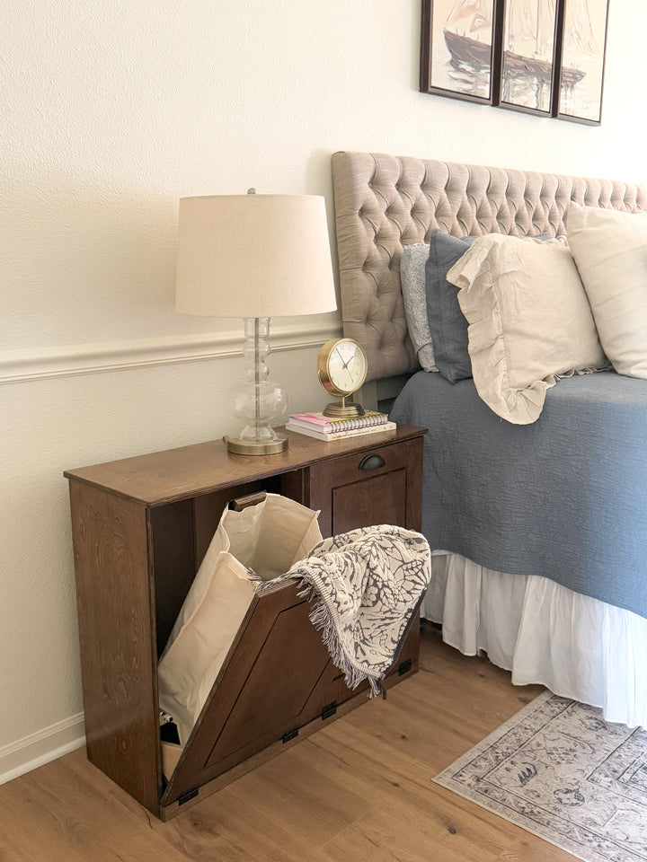Double tilt out wood laundry hamper in warm brown stain