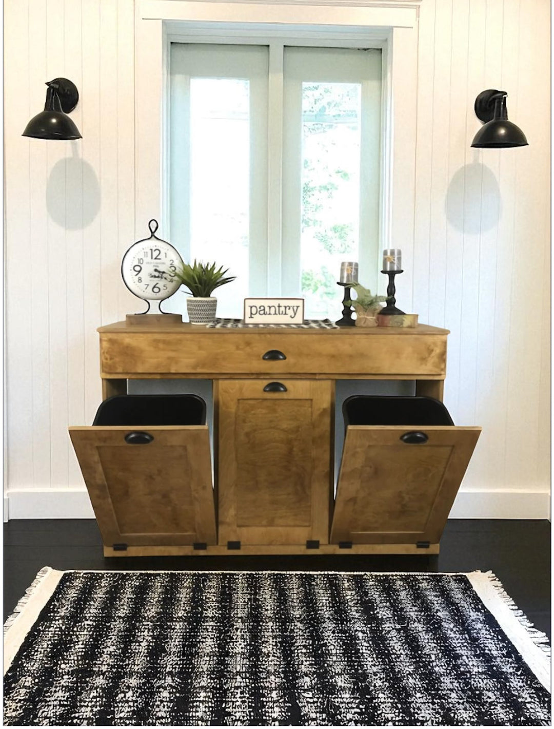 Handmade triple trash cabinet with storage drawer in golden oak stain