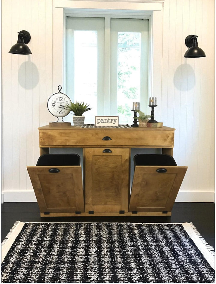 Handmade triple trash cabinet with storage drawer in golden oak stain
