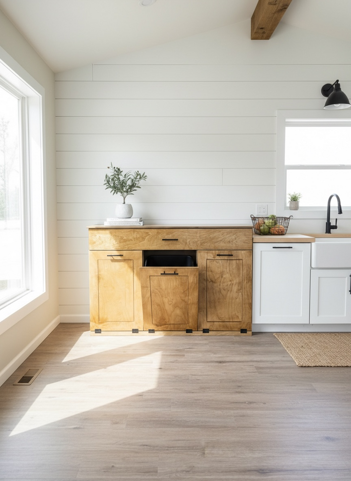 Handmade triple trash cabinet with storage drawer in golden oak stain