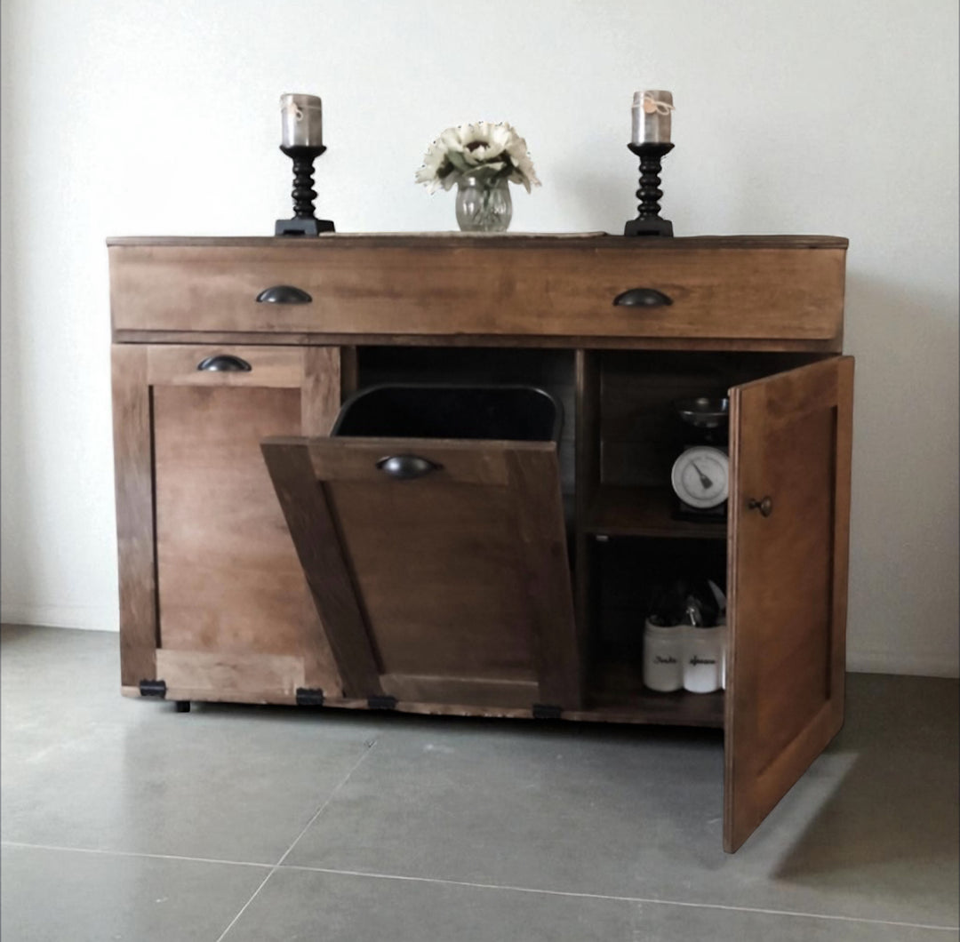 Triple with storage and cabinet in warm brown stain