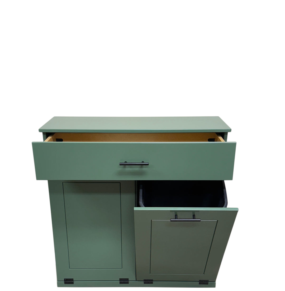 Hidden trash and recycling cabinet with a storage drawer in green