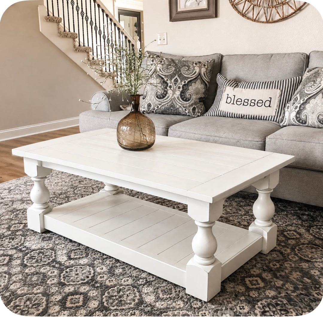 Rustic baluster farmhouse coffee table distressed rectangle all over distressed paint