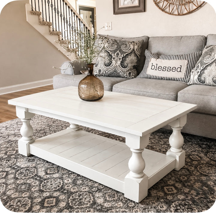 Rustic baluster farmhouse coffee table distressed rectangle all over distressed paint