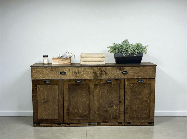 Laundry sorter with four bins and a storage drawer in dark brown stain