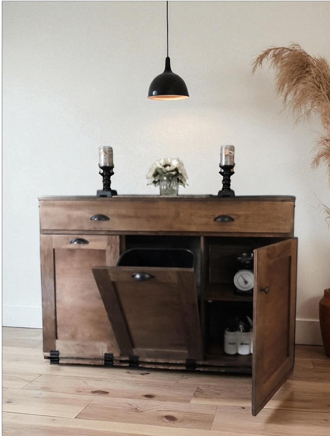 Triple with storage and cabinet in warm brown stain
