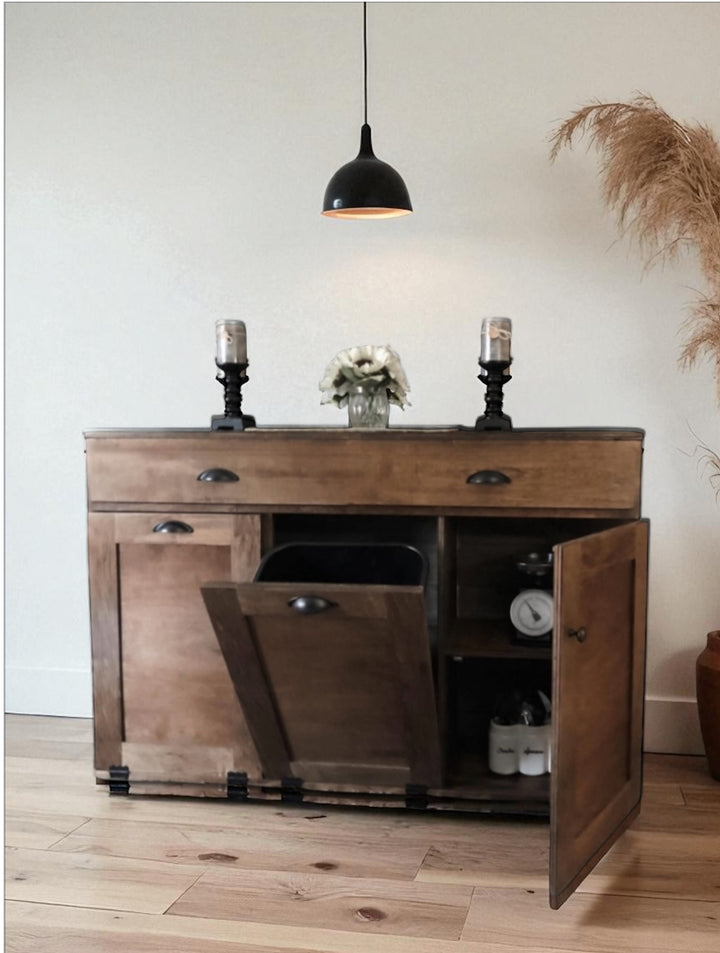 Triple with storage and cabinet in warm brown stain