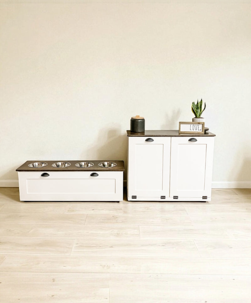 Four bowl large size white elevated dog feeder with drawer