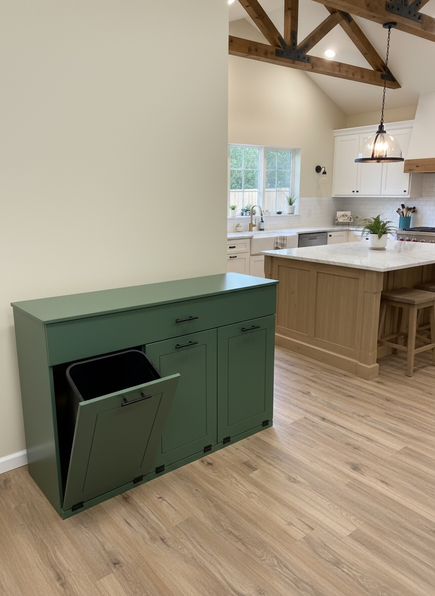 Free standing triple trash and recycling cabinet with a storage drawer in green