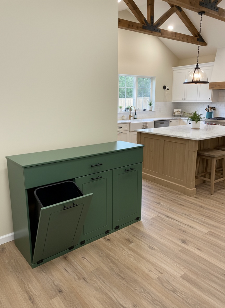Free standing triple trash and recycling cabinet with a storage drawer in green