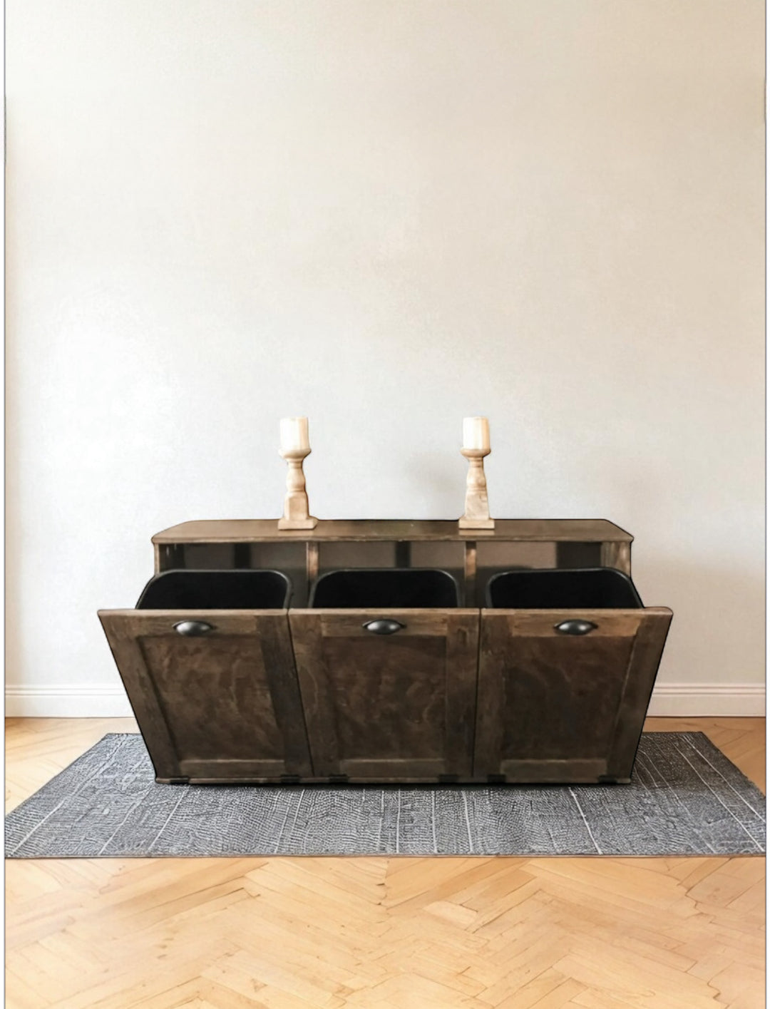 Stand alone triple trash cabinet in warm brown stain