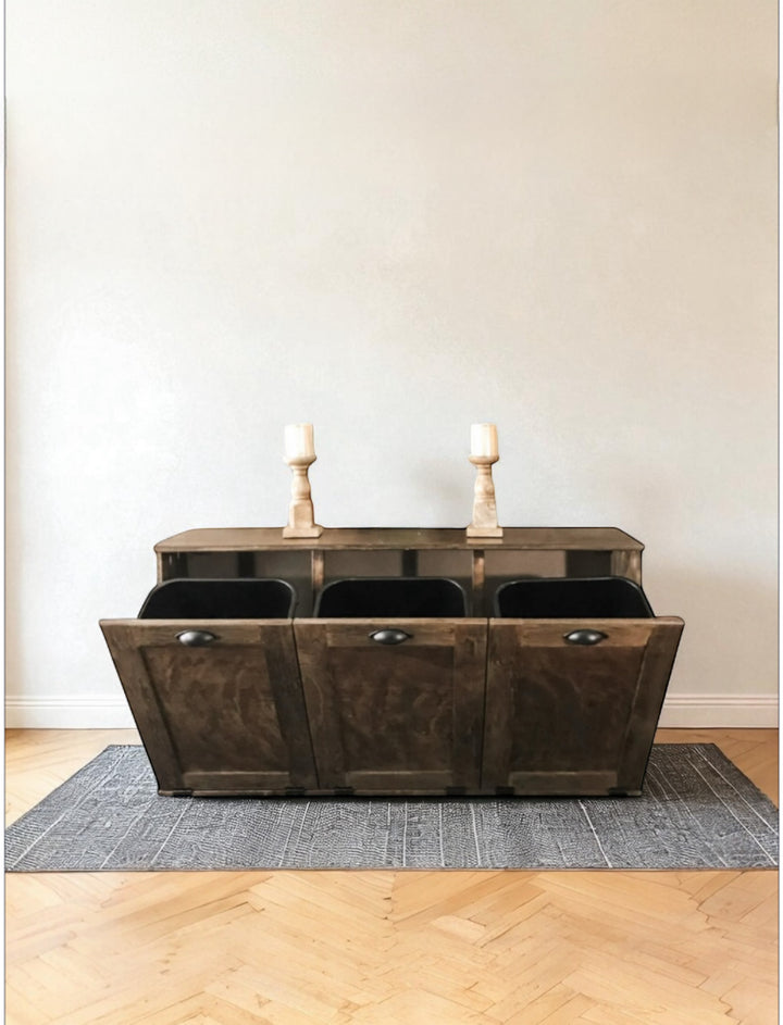 Stand alone triple trash cabinet in warm brown stain