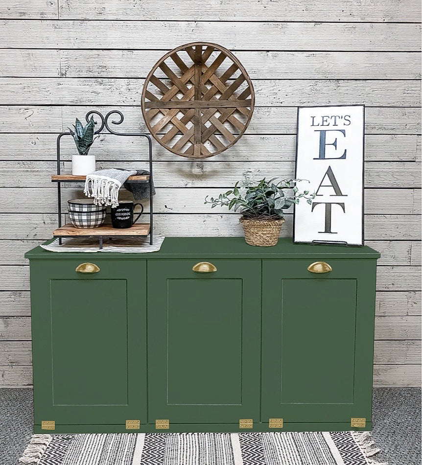 Free standing triple trash cabinet in green