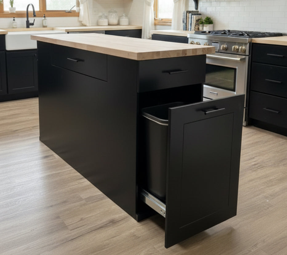 Handmade Kitchen Island with Pull-Out Trash Cabinet &amp; Drawers - Butcher Block Top