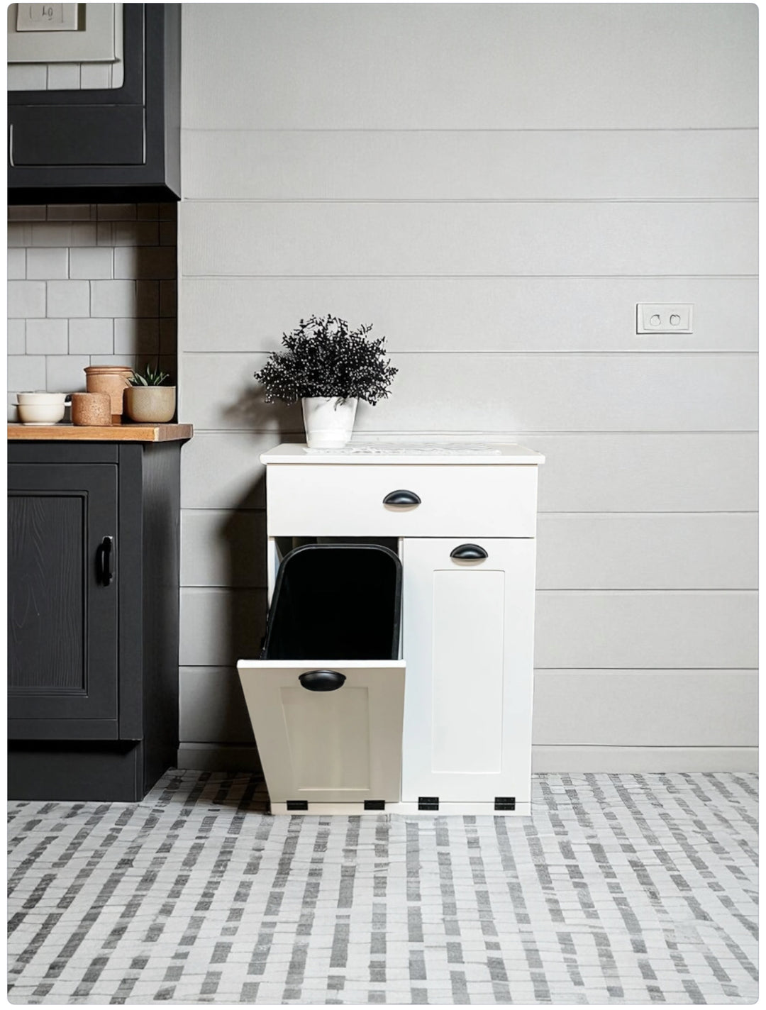 Narrow double cabinet to hide trash with a storage drawer in white