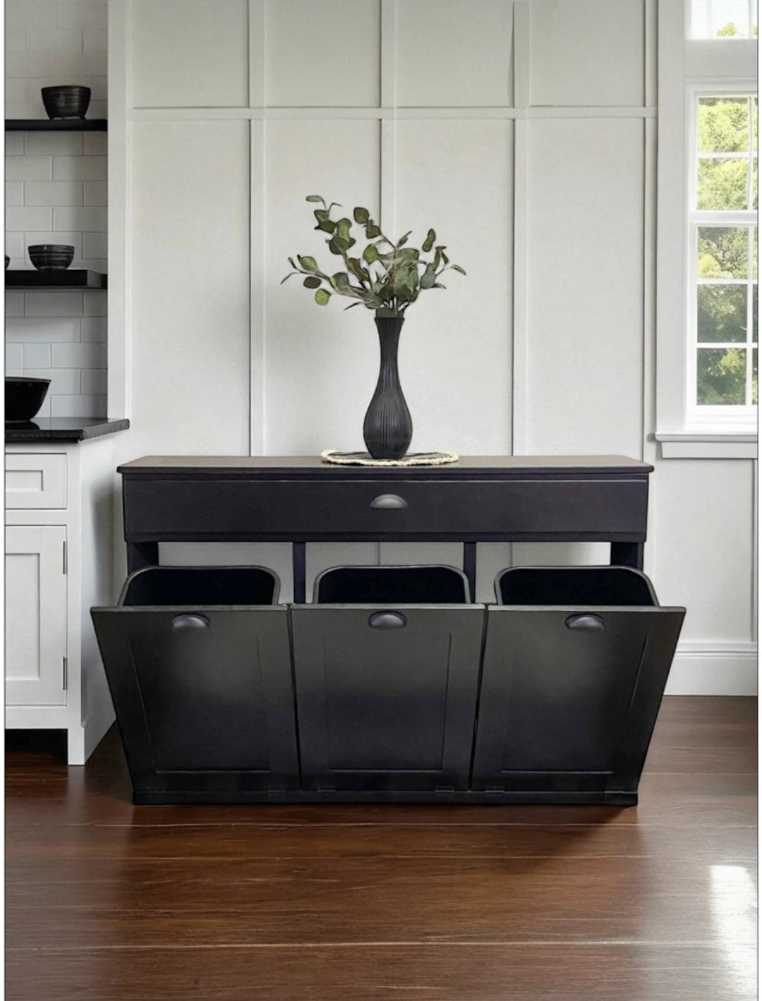 Triple cabinet trash bin with a storage drawer in black stain