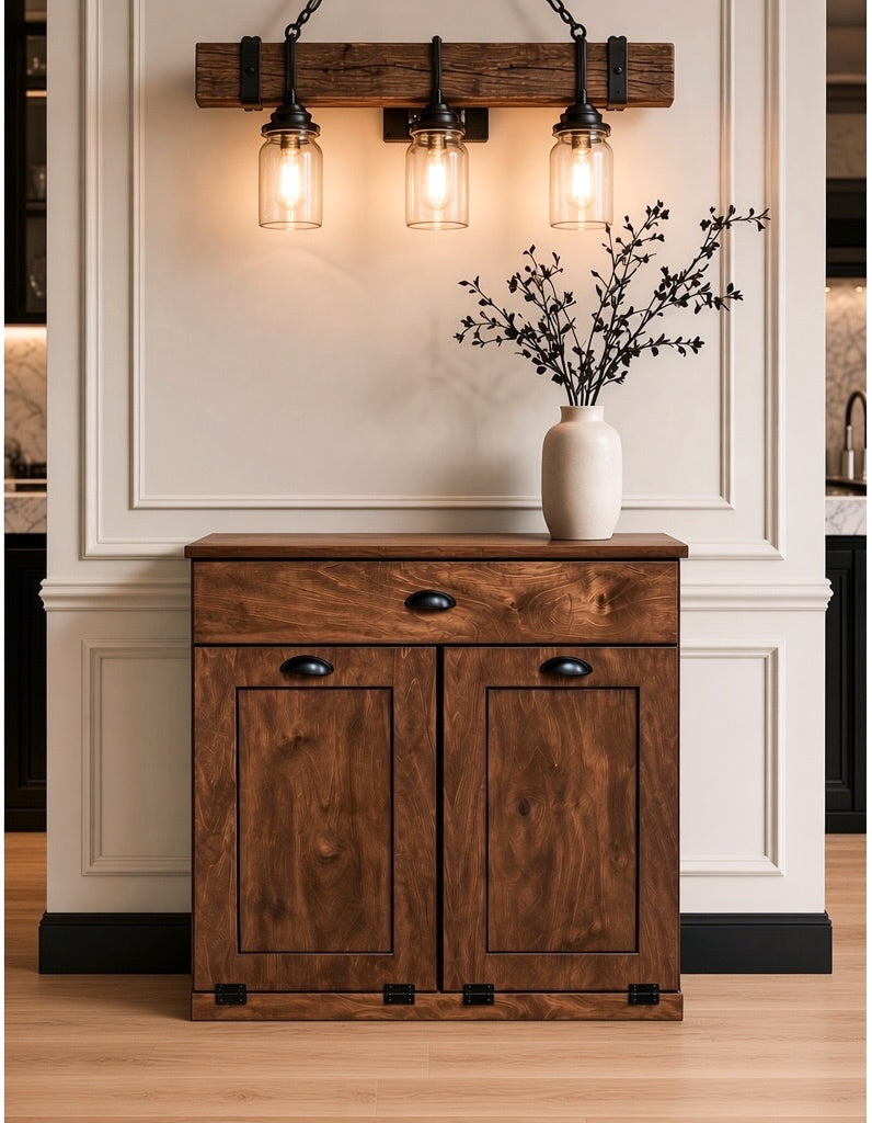 Counter tall hidden trash cabinet with a storage drawer in warm brown