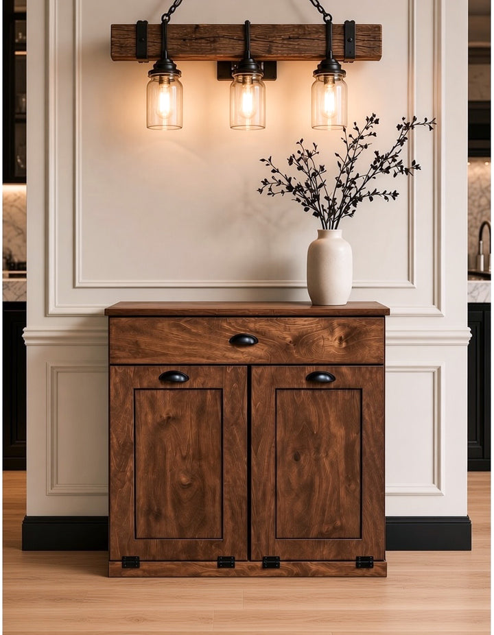 Counter tall hidden trash cabinet with a storage drawer in warm brown